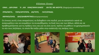 ΕΙΝΑΙ … ΔΕΝ ΕΙΝΑΙ Ή …ΚΑΙ ΚΑΝΕ/ΜΗΝ ΚΑΝΕΙΣ ΑΝ ΠΩ, ΜΕ ΑΚΟΥΤΕ; (διαχείριση αποσπάσεων) ,
ΠΡΙΝ/ΜΕΤΑ , ΤΩΡΑ/ΑΡΓΟΤΕΡΑ, ΑΝ/ΤΟΤΕ, ΓΙΑΤΙ/ΕΠΕΙΔΗ,
ΜΕΡΙΚΟΙ/ΟΛΟΙ, ΙΔΙΟ/ΔΙΑΦΟΡΕΤΙΚΟ(κατηγοριοποίηση)
Β΄Ενότητα :Έννοιες
Οι έννοιες αυτές είναι απαραίτητες να διδαχθούν στα παιδιά ,για να καταστούν ικανά να
αναγνωρίζουν και να ονομάζουν τα συναισθήματα, τα δικά τους και των άλλων, αλλά και να
προβληματίζονται για τις πράξεις τους και για να γίνει αυτό, πρέπει να μάθουν να χρησιμοποιούν
το νέο τους λεξιλόγιο, το οποίο θα παίξει ρόλο στην ανάπτυξη της σκέψης τους.
 