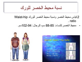 ‫للودرك‬ ‫الخصر‬ ‫محيط‬ ‫نسبة‬‫للودرك‬ ‫الخصر‬ ‫محيط‬ ‫نسبة‬
2‫للودرك‬ ‫الخصر‬ ‫محيط‬ ‫ونسبة‬ ‫الخصر‬ ‫محيط‬ ‫.قياس‬Waist-hip
ratio.
-:‫الخصر:للنساء‬ ‫محيط‬85-88:‫للرجال‬ ،‫سم‬94-102.‫سم‬
 