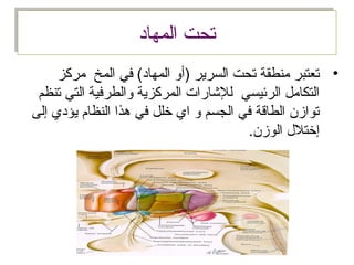 ‫المهاد‬ ‫تحت‬‫المهاد‬ ‫تحت‬
•‫مركز‬ ‫المخ‬ ‫في‬ (‫المهاد‬ ‫)أو‬ ‫السرير‬ ‫تحت‬ ‫منطقة‬ ‫تعتبر‬
‫تنظم‬ ‫التي‬ ‫والطرفية‬ ‫المركزية‬ ‫للاشارات‬ ‫الرئيسي‬ ‫التكامل‬
‫إلى‬ ‫يؤدي‬ ‫النظام‬ ‫هذا‬ ‫في‬ ‫خلل‬ ‫اي‬ ‫و‬ ‫الجسم‬ ‫في‬ ‫الطاقة‬ ‫توازن‬
.‫الوزن‬ ‫إختل ل‬
 