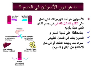 ‫؟‬ ‫الجسم‬ ‫في‬ ‫السنسولين‬ ‫دور‬ ‫هو‬ ‫ما‬‫؟‬ ‫الجسم‬ ‫في‬ ‫السنسولين‬ ‫دور‬ ‫هو‬ ‫ما‬
‫تعمل‬ ‫التي‬ ‫الهرمونات‬ ‫أحد‬ ‫هو‬ ‫النسولين‬
‫على‬‫الغذائي‬ ‫التمثيل‬ ‫تنظيم‬‫الكائن‬ ‫جسم‬ ‫في‬
:‫يقوم‬ ‫حيث‬ ‫الحي‬
‫و‬ ‫السكر‬ ‫نسبة‬ ‫على‬ ‫بالمحافظة‬
‫الطبيعي‬ ‫المعد ل‬ ‫في‬ ‫بالدم‬ ‫الدهون‬
‫حا ل‬ ‫في‬ ‫أو‬ ‫الطعام‬ ‫وجبات‬ ‫بعد‬ ‫سواء‬
(‫الصوم‬ ) ‫اللكل‬ ‫عن‬ ‫المتناع‬
 
