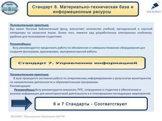 Положительная практика:
Вуз имеет богатый библиотечный фонд, впечатляет количество учебной, методической и научной
литературы на казахском языке. Более того, имеется ряд разработанных электронных учебников,
удобных для пользования студентами.
Рекомендации:
Вузу рекомендуется продолжать работу по обновлению и совершенствованию оборудования для
создания фонограмм, аранжировок, звукорежиссерской работы.
Положительная практика:
В вузе проводится системная работа по оперативному информированию о результатах мониторингов
по направлениям деятельности и образовательным программам.
Рекомендации:
Рекомендации:Вузу рекомендуется вовлекать ППС, сотрудников и студентов в обеспечении и
анализе информации для мониторинговой деятельности и в планировании последующих мероприятий.
Стандарт 6. Материально-техническая база и
информационные ресурсы
6 и 7 Стандарты - Соответствуют
5В010600 – Музыкальное образование ЮКГПИ
 