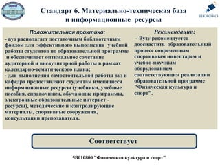 5В010800 "Физическая культура и спорт"
Соответствует
Положительная практика:
- вуз располагает достаточным библиотечным
фондом для эффективного выполнения учебной
работы студентов по образовательной программе
и обеспечивает оптимальное сочетание
аудиторной и внеаудиторной работы в рамках
календарно-тематического плана;
- для выполнения самостоятельной работы вуз и
кафедра предоставляют студентам имеющиеся
информационные ресурсы (учебники, учебные
пособия, справочники, обучающие программы,
электронные образовательные интернет -
ресурсы), методические и контролирующие
материалы, спортивные сооружения,
консультации преподавателя.
Рекомендации:
- Вузу рекомендуется
дооснастить образовательный
процесс современным
спортивным инвентарем и
учебно-научным
оборудованием
соответствующим реализации
образовательной программе
"Физическая культура и
спорт".
Стандарт 6. Материально-техническая база
и информационные ресурсы
 