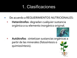  De acuerdo a REQUERIMIENTOS NUTRICIONALES:
 Heterótrofos: degradan cualquier sustancia
orgánica a su elemento inorgánico original.
 Autótrofos : sintetizan sustancias orgánicas a
partir de las minerales (fotosíntesis o
quimiosíntesis).
 