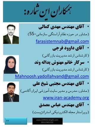 ‫اره‬‫م‬‫ش‬‫ن‬‫ی‬‫ا‬‫ن‬‫ا‬‫ر‬‫ا‬‫ک‬‫هم‬:
•‫کمالی‬ ‫مهدی‬ ‫مهندس‬ ‫آقای‬
(‫سازمانی‬ ‫آراستگی‬‫نظام‬‫حوزه‬‫در‬‫مشاور‬-5S)
farasistemnab@gmail.com
•‫آقای‬‫داوود‬‫فرجی‬
(‫کارشناس‬‫مدیریت‬ ‫ارشد‬‫بازرگانی‬)
•‫خانم‬ ‫سرکار‬‫وند‬ ‫یداله‬ ‫مهنوش‬
(‫بازرگانی‬‫مدیریت‬ ‫ارشد‬ ‫کارشناس‬)
Mahnoosh.yadollahvand@gmail.com
•‫علی‬ ‫شیخ‬ ‫مجتبی‬ ‫مهندس‬ ‫آقای‬
(‫آکادمی‬‫ایران‬ ‫آموزشی‬‫سایت‬‫مدیر‬‫و‬ ‫مدرس‬،‫مشاور‬)
academy.org-www.iran
•‫مصدق‬ ‫عباس‬ ‫مهندس‬ ‫آقای‬
(‫استراتژیست‬‫الکترونیکی‬ ‫مجله‬‫ویراستار‬)
www.ZARRAD.blogfa.com
0911700173224
 