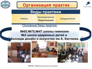Организация практик
Основные базы практик:
№65,№75,№47 школы гимназии
№2 школа одаренных детей и
Колледж дизайн и искусство им А. Кастеева
5В010700 – Изобразительное искусство и черчение
 