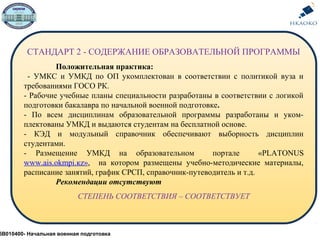 СТАНДАРТ 2 - СОДЕРЖАНИЕ ОБРАЗОВАТЕЛЬНОЙ ПРОГРАММЫ
Положительная практика:
- УМКС и УМКД по ОП укомплектован в соответствии с политикой вуза и
требованиями ГОСО РК.
- Рабочие учебные планы специальности разработаны в соответствии с логикой
подготовки бакалавра по начальной военной подготовке.
- По всем дисциплинам образовательной программы разработаны и уком-
плектованы УМКД и выдаются студентам на бесплатной основе.
- КЭД и модульный справочник обеспечивают выборность дисциплин
студентами.
- Размещение УМКД на образовательном портале «PLATONUS
www.ais.okmpi.кz», на котором размещены учебно-методические материалы,
расписание занятий, график СРСП, справочник-путеводитель и т.д.
Рекомендации отсутствуют
СТЕПЕНЬ СООТВЕТСТВИЯ – СООТВЕТСТВУЕТ
5В010400- Начальная военная подготовка
 