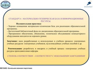 СТАНДАРТ 6 - МАТЕРИАЛЬНО-ТЕХНИЧЕСКАЯ БАЗА И ИНФОРМАЦИОННЫЕ
РЕСУРСЫ.
Положительная практика:
- Хорошо оснащенная материально-техническая база для реализации образовательной
программы.
- Достаточный библиотечный фонд по дисциплинам образовательной программы.
- Программное обеспечение, обновление, техническое обслуживание компьютерного
оборудования находится на хорошем уровне.
Замечание: мало разработанных и используемых в учебном процессе электронных
учебных ресурсов: электронных учебников, мультимедийных учебных пособий и др.
Рекомендации: разработать и внедрить в учебный процесс электронные учебные
ресурсы преподавателями кафедры
СТЕПЕНЬ СООТВЕТСТВИЯ – СООТВЕТСТВУЕТ С НЕБОЛЬШИМИ ЗАМЕЧАНИЯМИ
5В010400- Начальная военная подготовка
 