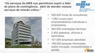“Os serviços da AWS nos permitiram suprir a falta
de plano de contingência, além de atender nossos
serviços de missão crítica.”
• 526.000 horas de consultorias;
• 1.082 cursos para
empreendedores individuais e
empresários
• 282.000 orientações técnicas
• 2.402 palestras, oficinas e
seminários
• 101.000 empresas atendidas
• 159.000 pessoas informadas
sobre inovação, competitividade e
gestão.
 