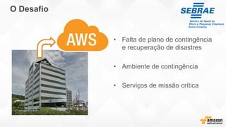 O Desafio
• Falta de plano de contingência
e recuperação de disastres
• Ambiente de contingência
• Serviços de missão crítica
 