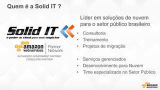 Quem é a Solid IT ?
• Consultoria
• Treinamento
• Projetos de migração
• Serviços gerenciados
• Desenvolvimento para Nuvem
• Time especializado no Setor Público
Líder em soluções de nuvem
para o setor público brasileiro
 