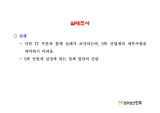 실태조사
현행○
다른 부문과 함께 실태가 조사되는바 산업계의 세부사항을- IT , SW
파악하기 어려움
산업계 실정에 맞는 정책 입안의 곤란- SW
 