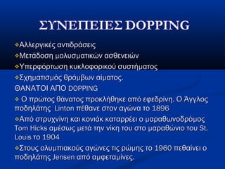 Αλλεργικές αντιδράσειςΑλλεργικές αντιδράσεις
 μ μΜετάδοση ολυσ ατικών ασθενειώνμ μΜετάδοση ολυσ ατικών ασθενειών
 μΥπερφόρτωση κυκλοφορικού συστή ατοςμΥπερφόρτωση κυκλοφορικού συστή ατος
 μ μ μ μ .Σχη ατισ ός θρό βων αί ατοςμ μ μ μ .Σχη ατισ ός θρό βων αί ατος
ΘΑΝΑΤΟΙ ΑΠΟΘΑΝΑΤΟΙ ΑΠΟ DOPPINGDOPPING
 .Ο πρώτος θάνατος προκλήθηκε από εφεδρίνη Ο Άγγλος.Ο πρώτος θάνατος προκλήθηκε από εφεδρίνη Ο Άγγλος
ποδηλάτηςποδηλάτης LintonLinton 1896πέθανε στον αγώνα το 1896πέθανε στον αγώνα το
 μ μΑπό στρυχνίνη και κονιάκ καταρρέει ο αραθωνοδρό οςμ μΑπό στρυχνίνη και κονιάκ καταρρέει ο αραθωνοδρό ος
Tom HicksTom Hicks μ μ μα έσως ετά την νίκη του στο αραθώνιο τουμ μ μα έσως ετά την νίκη του στο αραθώνιο του St.St.
LouisLouis 1904το 1904το
 μ μ 1960Στους ολυ πιακούς αγώνες τις ρώ ης το πεθαίνει ομ μ 1960Στους ολυ πιακούς αγώνες τις ρώ ης το πεθαίνει ο
ποδηλάτηςποδηλάτης JensenJensen μ μ .από α φετα ίνεςμ μ .από α φετα ίνες
 