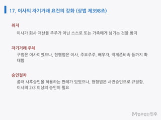 17. 이사의 자기거래 요건의 강화 (상법 제398조)
취지
자기거래 주체
승인절차
 