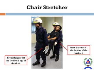 Chair Stretcher
Front Rescuer lift
the front two legs of
the chair
Rear Rescuer lift
the bottom of the
backrest
 