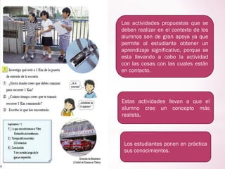 Las actividades propuestas que se
deben realizar en el contexto de los
alumnos son de gran apoya ya que
permite al estudiante obtener un
aprendizaje significativo, porque se
esta llevando a cabo la actividad
con las cosas con las cuales están
en contacto.
Estas actividades llevan a que el
alumno cree un concepto más
realista.
Los estudiantes ponen en práctica
sus conocimientos.
 