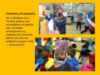 Επεκτάσεις /Συνεργασίες
Με τη βοήθεια της κ.
Ταναΐνη Σοφίας, που
επισκέφθηκε το σχολείο
μας, τα παιδιά
αναπαριστούν τις
διαφορετικές ηλικιακές
φάσεις στη ζωή του
ανθρώπου (μωρό, παιδί,
…. ηλικιωμένος).
 