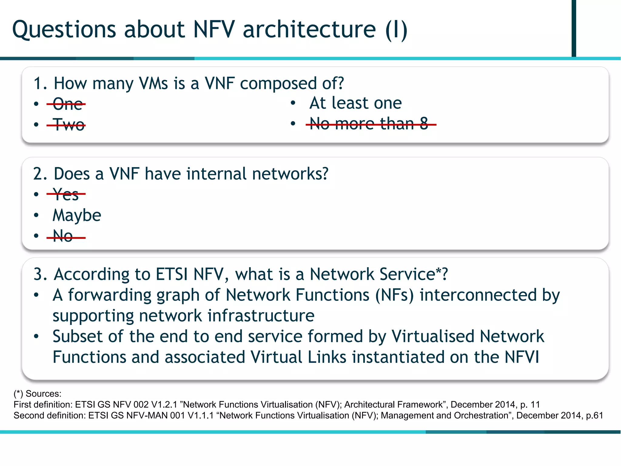 Questions about NFV architecture (I)
1. How many VMs is a VNF composed of?
• One
• Two
• At least one
• No more than 8
2. Does a VNF have internal networks?
• Yes
• Maybe
• No
3. According to ETSI NFV, what is a Network Service*?
• A forwarding graph of Network Functions (NFs) interconnected by
supporting network infrastructure
• Subset of the end to end service formed by Virtualised Network
Functions and associated Virtual Links instantiated on the NFVI
(*) Sources:
First definition: ETSI GS NFV 002 V1.2.1 ”Network Functions Virtualisation (NFV); Architectural Framework”, December 2014, p. 11
Second definition: ETSI GS NFV-MAN 001 V1.1.1 “Network Functions Virtualisation (NFV); Management and Orchestration”, December 2014, p.61
 