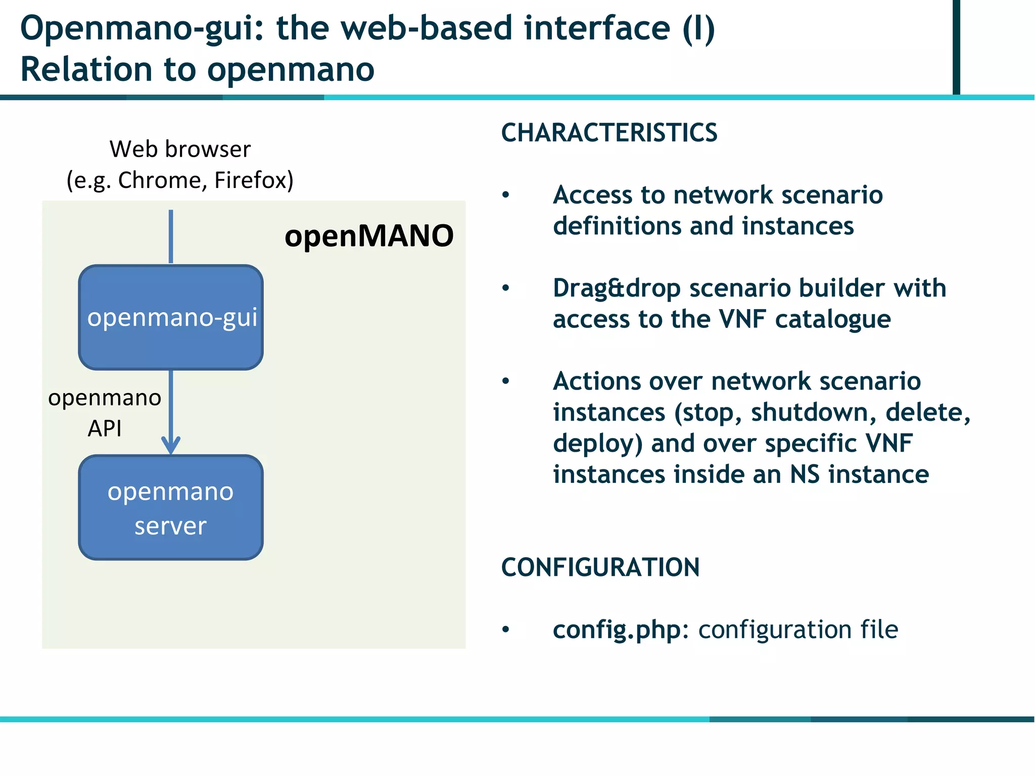 Openmano-gui: the web-based interface (I)
Relation to openmano
Web browser
(e.g. Chrome, Firefox)
openmano
server
openMANO
openmano
API
openmano-gui
CHARACTERISTICS
• Access to network scenario
definitions and instances
• Drag&drop scenario builder with
access to the VNF catalogue
• Actions over network scenario
instances (stop, shutdown, delete,
deploy) and over specific VNF
instances inside an NS instance
CONFIGURATION
• config.php: configuration file
 