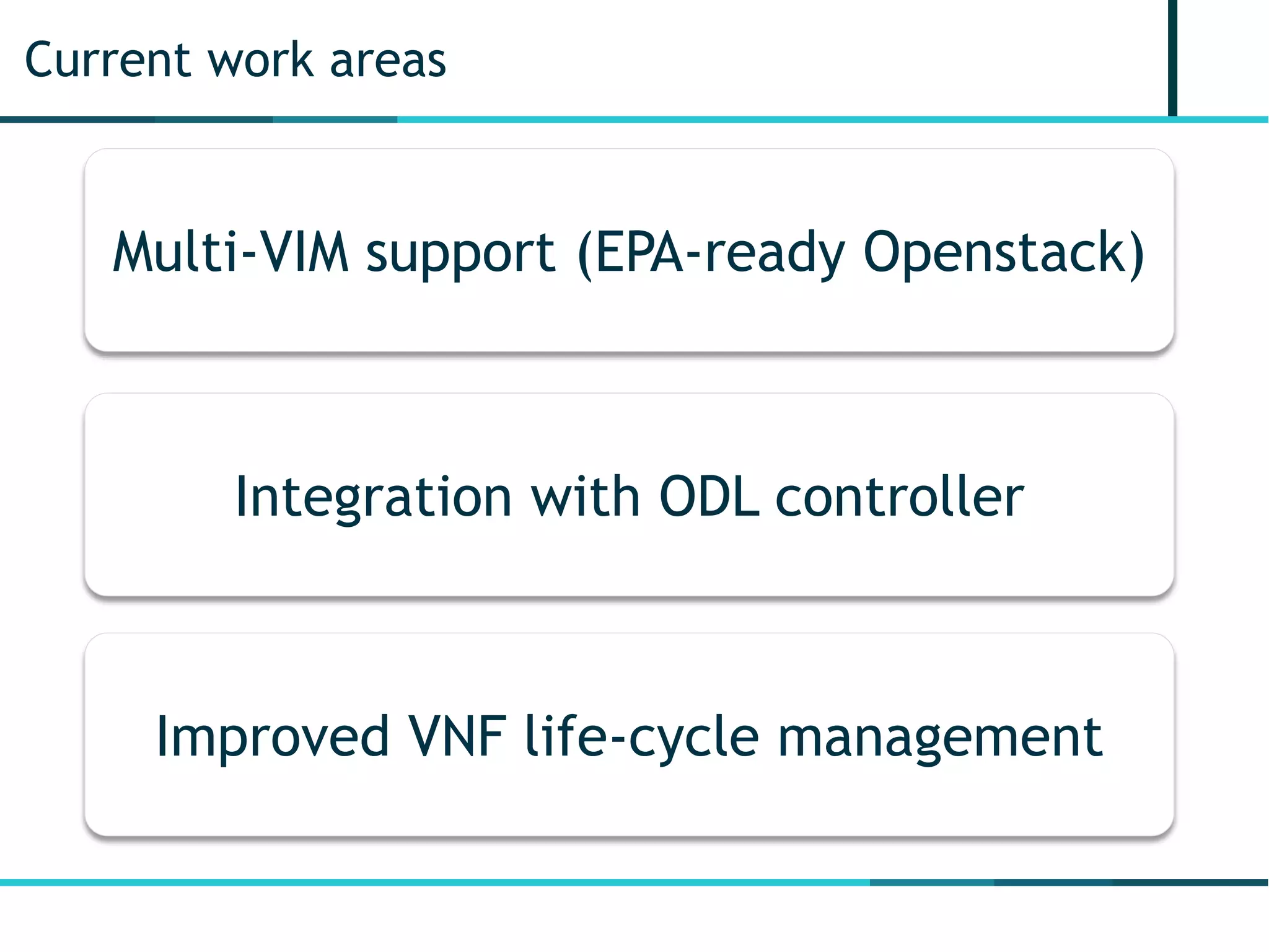 Current work areas
Improved VNF life-cycle management
Integration with ODL controller
Multi-VIM support (EPA-ready Openstack)
 