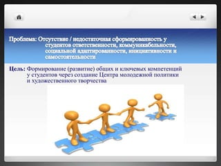Цель: Формирование (развитие) общих и ключевых компетенций
у студентов через создание Центра молодежной политики
и художественного творчества
 