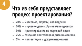 Что из себя представляет
процесс проектирования?
- 20% — интервью, встречи, наблюдения
- 20% — изучение данных/рынка/конкурентов
- 30% — проектирование на маркерой доске
- 25% — создание прототипов и дизайн-макетов
- 5% — презентации и документирование
4
 