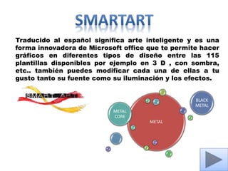 Traducido al español significa arte inteligente y es una
forma innovadora de Microsoft office que te permite hacer
gráficos en diferentes tipos de diseño entre las 115
plantillas disponibles por ejemplo en 3 D , con sombra,
etc.. también puedes modificar cada una de ellas a tu
gusto tanto su fuente como su iluminación y los efectos.
METAL
METAL
CORE
BLACK
METAL
 