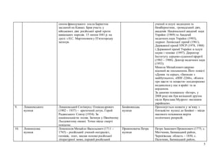 5
сином французького посла Барантом
засланий на Кавказ. Брав участь у
військових діях російської армії проти
кавказьких народів. 15 липня 1841 р. на
дуелі з Н.С. Мартиновим у П’ятигорську
загинув.
учений в галузі медицини та
біокібернетики, громадський діяч,
академік Національної академії наук
України (1969) та Академії
медичних наук України (1993),
лауреат Ленінської премії (1961),
Державної премії УРСР (1978, 1988)
і Державної премії України в галузі
науки і техніки (1997). Директор
Інституту серцево-судинної хірургії
(1983 – 1988). Доктор медичних наук
(1953).
Микола Михайлович широко
відомий як письменник. Його повісті
«Думки та серце», «Записки з
майбутнього», «ППГ-2266», «Книга
про щастя та нещастя» неодноразово
видавалися у нас в країні та за
кордоном.
За даними телеканалу «Інтер», у
2008 році він був визнаний другим
після Ярослава Мудрого «великим
українцем».
9. Леваневського
вулиця
Леваневський Сигізмунд Олександрович
(1902 – 1937) – арктичний летун, Герой
Радянського Союзу (1934). За
національністю поляк. Загинув у Північному
Льодовитому океані. Точне місце смерті
невідоме.
Биківнянська
вулиця
Пропонується назвати у зв’язку з
близькістю вулиці до Биківні – місця
масового поховання жертв
політичних репресій.
10. Ломоносова
вулиця
Ломоносов Михайло Васильович (1711 –
1765) – російський учений-натураліст,
геохімік, поет, заклав основи російської
літературної мови, перший російський
Прокоповича Петра
вулиця
Петро Іванович Прокопович (1775, с.
Митченки, Бахмацький район,
Чернігівська область – 1850, с.
Пальчики, Бахмацький район,
 