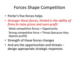 Forces Shape Competition
• Porter's five forces helps
• Stronger these forces, limited is the ability of
firms to raise prices and earn profit
Weak competitive forces = Opportunity
Strong competitive force = Threat (because they
depress profit)
• Strength of these forces changes
• And are the opportunities and threats –
design appropriate strategic responses
 