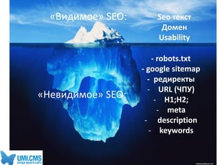 Seo текст
Домен
Usability
- robots.txt
- google sitemap
- редиректы
- URL (ЧПУ)
- H1;H2;
- meta
- description
- keywords
«Видимое» SEO:
«Невидимое» SEO:
 