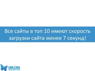 Все сайты в топ 10 имеют скорость
загрузки сайта менее 7 секунд!
 