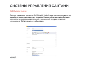 СИСТЕМЫ УПРАВЛЕНИЯ САЙТАМИ
DLE (Datalife Engine)
Система управления контентом DLE (Datalife Engine) чаще всего используется для
разработки различных новостных ресурсов. Однако сейчас выпущено большое
количество всевозможных дополнений и расширений, которые позволяют
использовать DLE для решения любых задач.
 