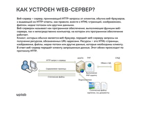 КАК УСТРОЕН WEB-СЕРВЕР?
Веб-сервер — сервер, принимающий HTTP-запросы от клиентов, обычно веб-браузеров,
и выдающий им HTTP-ответы, как правило, вместе с HTML-страницей, изображением,
файлом, медиа-потоком или другими данными.
Веб-сервером называют как программное обеспечение, выполняющее функции веб-
сервера, так и непосредственно компьютер, на котором это программное обеспечение
работает.
Клиент, которым обычно является веб-браузер, передаёт веб-серверу запросы на
получение ресурсов, обозначенных URL-адресами. Ресурсы — это HTML-страницы,
изображения, файлы, медиа-потоки или другие данные, которые необходимы клиенту.
В ответ веб-сервер передаёт клиенту запрошенные данные. Этот обмен происходит по
протоколу HTTP.
 