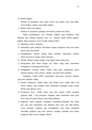 14
b) Bentuk diagram
Handout ini merupakan suatu bagan, sketsa atau gambar, baik yang dilukis
secara lengkap maupun yang belum lengkap.
c) Bentuk catatan dan diagram
Handout ini merupakan gabungan dari bentuk pertama dan kedua.
Dalam pembuatannya, ada beberapa langkah yang hendaknya perlu
diketahui guru sebelum menyusun hand out. Menurut Chairil (2009) langkah-
langkah dalam menyusun hand out ialah sebagai berikut:
a) Melakukan analisis kurikulum.
b) Menentukan judul Handout, disesuaikan dengan kompetensi dasar dan materi
pokok yang akan dicapai.
c) Mengumpulkan referensi sebagai bahan penulisan. Diutamakan referensi
terkini dan relevan dengan materi pokoknya.
d) Menulis Handout dengan kalimat yang singkat padat namun jelas.
e) Mengevaluasi hasil tulisan dengan cara dibaca ulang untuk menemukan
kemungkinan kekurangan-kekurangan.
f) Menggunakan berbagai sumber belajar yang dapat memperkaya materi
Handout misalnya buku, internet, majalah, dan jurnal hasil penelitian.
Selanjutnya Chairil (2009) menyebutkan unsur-unsur penyusun Handout
yang harus dipahami adalah :
a) Standar kompetensi. Adalah tujuan yang dicapai siswa setelah diberi satu
pokok bahasan yang berfungsi untuk memberikan pandangan umum tentang
hal-hal yang dikuasai siswa.
b) Kompetensi dasar. Adalah tujuan yang akan dicapai setelah mengikuti
pelajaran untuk 1 kali pertemuan. Fungsinya untuk memberikan fokus pada
siswa pada sub pokok bahasan yang sedang dihadapi.
c) Ringkasan materi pelajaran merupakan kesimpulan-kesimpulan dari bahan
ajar yang akan disampaikan atau diberikan pada siswa dan telah disusun
secara sistematis. Fungsinya agar memungkinkan siswa dapat mengetahui
sistematika pelajaran yang harus dikuasai, sekaligus memandu siswa dalam
pengayaan diluar proses mengajar dikelas.
 