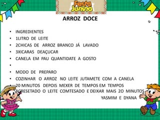 ARROZ DOCE
• INGREDIENTES
• 1LITRO DE LEITE
• 2CHICAS DE ARROZ BRANCO JÁ LAVADO
• 3XICARAS DEAÇUCAR
• CANELA EM PAU QUANTIDATE A GOSTO
•
• MODO DE PREPARO
• COZINHAR O ARROZ NO LEITE JUTAMETE COM A CANELA
• 20 MINUTOS DEPOIS MEXER DE TEMPOS EM TEMPOS
ACRESETADO O LEITE COMTESADO E DEIXAR MAIS 2O MINUTOS
• YASMIM E DYANA
 