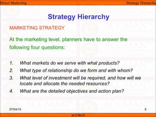 Strategy Hierarchy
At the marketing level, planners have to answer the
following four questions:
1. What markets do we serve with what products?
2. What type of relationship do we form and with whom?
3. What level of investment will be required, and how will we
locate and allocate the needed resources?
4. What are the detailed objectives and action plan?
MARKETING STRATEGY
Direct Marketing Strategy Hierarchy
ACCMAN
07/04/15 8
 