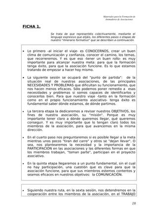 Materiales para la Formación de
Animadores de Asociaciones
FICHA 1.
Se trata de que representéis colectivamente, mediante el
lenguaje expresivo que elijáis, los diferentes pasos o etapas de
nuestro "itinerario formativo" que se describen a continuación.
• Lo primero -al iniciar el viaje- es CONOCERNOS, crear un buen
clima de comunicación y confianza, conocer el camino, los temas,
que recorreremos. Y es que eso -tener un buen rollo- es muy
importante para alcanzar nuestra meta: para que la formación
tenga éxito, para que la asociación funcione. Es lo que estamos
tratando de empezar a hacer hoy mismo.
• La siguiente sesión se ocupará del "punto de partida": de la
situación real de nuestras asociaciones, de las principales
NECESIDADES Y PROBLEMAS que dificultan su funcionamiento, que
nos hacen menos eficaces. Sólo podemos poner remedio a esas
necesidades y problemas si somos capaces de identificarlos y
conocerlos bien. Para que nuestro viaje -tanto en la formación
como en el propio funcionamiento asociativo- tenga éxito es
fundamental saber dónde estamos, de dónde partimos.
• La tercera etapa la dedicaremos a revisar nuestros OBJETIVOS, los
fines de nuestra asociación, su "misión". Porque es muy
importante tener claro a dónde queremos llegar, qué queremos
conseguir. Y es muy importante que lo tengan claro todos los
miembros de la asociación, para que avancemos en la misma
dirección.
• En el cuarto paso nos preguntaremos si es posible llegar a la meta
mientras unos pocos "tiran del carro" y otros se "dejan llevar". O
sea, nos plantearemos la necesidad y la importancia de la
PARTICIPACIÓN en las asociaciones y las diferentes formas en que
los miembros trabajan, "toman parte", participan en el proyecto
asociativo.
• En la quinta etapa llegaremos a un punto fundamental, sin el cual
no hay participación, una cuestión que es clave para que la
asociación funcione, para que sus miembros estemos contentos y
seamos eficaces en nuestros objetivos: la COMUNICACIÓN.
• Siguiendo nuestra ruta, en la sexta sesión, nos detendremos en la
cooperación entre los miembros de la asociación, en el TRABAJO
18
 