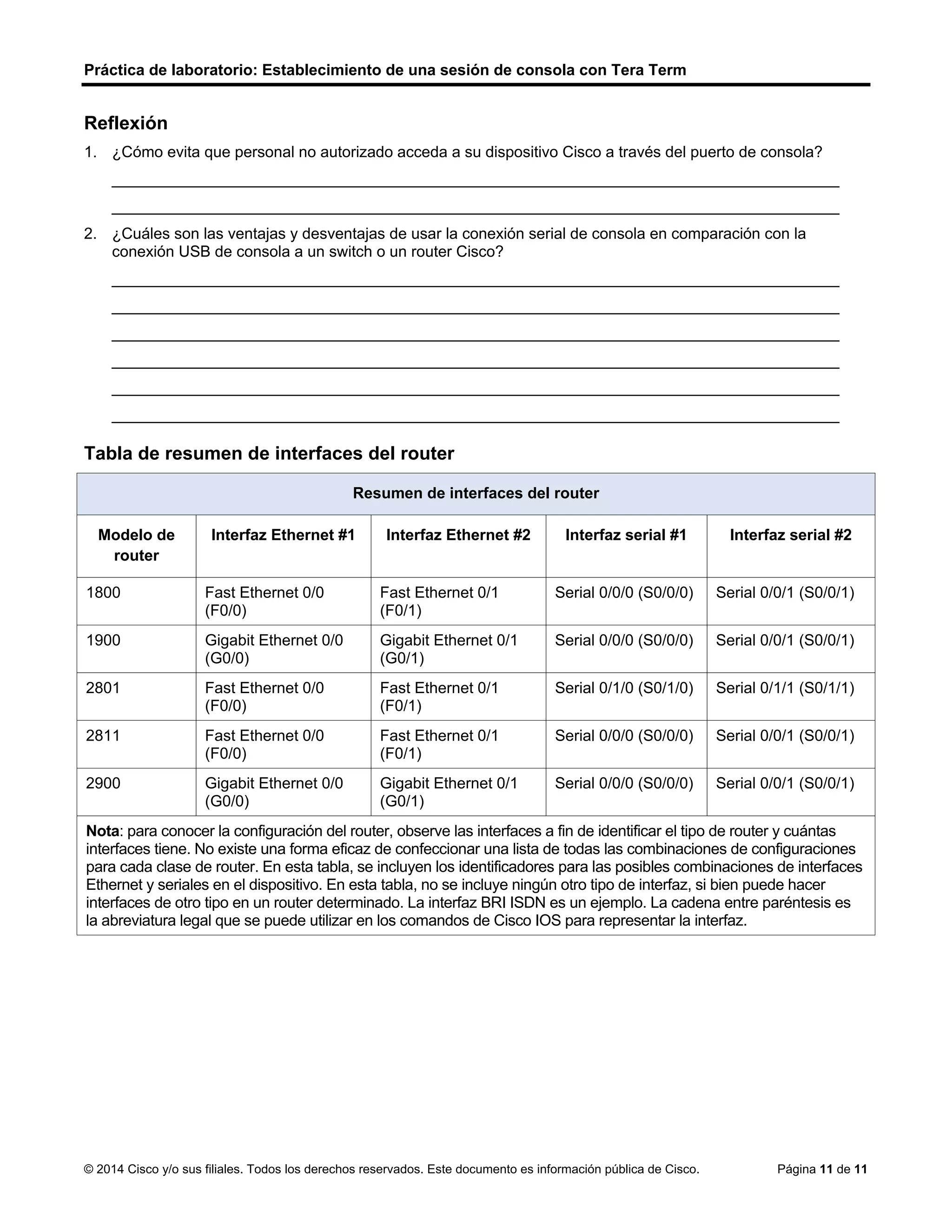 Práctica de laboratorio: Establecimiento de una sesión de consola con Tera Term
© 2014 Cisco y/o sus filiales. Todos los derechos reservados. Este documento es información pública de Cisco. Página 11 de 11
Reflexión
1. ¿Cómo evita que personal no autorizado acceda a su dispositivo Cisco a través del puerto de consola?
____________________________________________________________________________________
____________________________________________________________________________________
2. ¿Cuáles son las ventajas y desventajas de usar la conexión serial de consola en comparación con la
conexión USB de consola a un switch o un router Cisco?
____________________________________________________________________________________
____________________________________________________________________________________
____________________________________________________________________________________
____________________________________________________________________________________
____________________________________________________________________________________
____________________________________________________________________________________
Tabla de resumen de interfaces del router
Resumen de interfaces del router
Modelo de
router
Interfaz Ethernet #1 Interfaz Ethernet #2 Interfaz serial #1 Interfaz serial #2
1800 Fast Ethernet 0/0
(F0/0)
Fast Ethernet 0/1
(F0/1)
Serial 0/0/0 (S0/0/0) Serial 0/0/1 (S0/0/1)
1900 Gigabit Ethernet 0/0
(G0/0)
Gigabit Ethernet 0/1
(G0/1)
Serial 0/0/0 (S0/0/0) Serial 0/0/1 (S0/0/1)
2801 Fast Ethernet 0/0
(F0/0)
Fast Ethernet 0/1
(F0/1)
Serial 0/1/0 (S0/1/0) Serial 0/1/1 (S0/1/1)
2811 Fast Ethernet 0/0
(F0/0)
Fast Ethernet 0/1
(F0/1)
Serial 0/0/0 (S0/0/0) Serial 0/0/1 (S0/0/1)
2900 Gigabit Ethernet 0/0
(G0/0)
Gigabit Ethernet 0/1
(G0/1)
Serial 0/0/0 (S0/0/0) Serial 0/0/1 (S0/0/1)
Nota: para conocer la configuración del router, observe las interfaces a fin de identificar el tipo de router y cuántas
interfaces tiene. No existe una forma eficaz de confeccionar una lista de todas las combinaciones de configuraciones
para cada clase de router. En esta tabla, se incluyen los identificadores para las posibles combinaciones de interfaces
Ethernet y seriales en el dispositivo. En esta tabla, no se incluye ningún otro tipo de interfaz, si bien puede hacer
interfaces de otro tipo en un router determinado. La interfaz BRI ISDN es un ejemplo. La cadena entre paréntesis es
la abreviatura legal que se puede utilizar en los comandos de Cisco IOS para representar la interfaz.
encriptar todas las contraseñas configuradas en el archivo de configuracion
la desventaja es que ambos no se pueden usar simultáneamente y se debe instalar controlador para su
uso si la terminal no posee
 