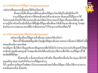 3) การดาเนินการแก้ปัญหา (Implementation)
หลังจากที่ออกแบบขั้นตอนวิธีเรียบร้อยแล้ว
ขั้นตอนนี้เป็นขั้นตอนที่ต้องลงมือแก้ปัญหาโดยใช้เครื่องมือที่เลือกไว้
การแก้ปัญหาดังกล่าวใช้คอมพิวเตอร์เข้ามาช่วยงาน ขั้นตอนนี้ก็เป็นการใช้
โปรแกรมสาเร็จหรือใช้ภาษาคอมพิวเตอร์เขียนโปรแกรมแก้ปัญหาขั้นตอนนี้ต้องอาศัย
ความรู้เกี่ยวกับเครื่องมือที่เลือกใช้ซึ่งผู้แก้ปัญหาต้องศึกษาให้เข้าใจและเชี่ยวชาญ ในขณะ
ดาเนินการหากพบแนวทางที่ดีกว่าที่ออกแบบไว้ก็สามารถปรับเปลี่ยนได้
4) การตรวจสอบและปรับปรุง (Refinement)
หลังจากที่ลงมือแก้ปัญหาแล้วต้องตรวจสอบให้แน่ใจว่า
วิธีการนี้ให้ผลลัพธ์ที่ถูกต้องโดยผู้แก้ปัญหาต้องตรวจสอบว่าขั้นตอนวิธีที่สร้างขึ้น
สอดคล้องกับรายละเอียด
ของปัญหา ซึ่งได้แก่ ข้อมูลเข้าและข้อมูลออกเพื่อให้มั่นใจว่าสามารถรองรับข้อมูลเข้าได้ทุก
กรณีอย่างถูกต้องสมบูรณ์ ในขณะเดียวกันก็ต้องปรับปรุงวิธีการเพื่อให้การแก้ปัญหานี้ได้
ผลลัพธ์ที่ดีที่สุด
ขั้นตอนทั้ง 4 ขั้นตอนดังกล่าวข้างต้น เป็นเสมือนขั้นบันได (Stair) ที่ทาให้
มนุษย์ประสบความสาเร็จในการแก้ปัญหาต่างๆ
ได้รวมทั้งการเขียนหรือพัฒนาโปรแกรมคอมพิวเตอร์เพื่อแก้ปัญหาก็ต้องใช้กระบวนการ
ตามขั้นตอนทั้ง4 นี้เช่นกัน
 
