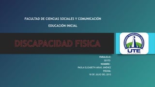 PARALELO:
SEXTO
NOMBRE:
PAOLA ELIZABETH ARIAS JIMÈNEZ
FECHA:
18 DE JULIO DEL 2015
FACULTAD DE CIENCIAS SOCIALES Y COMUNICACIÓN
 
EDUCACIÓN INICIAL
 