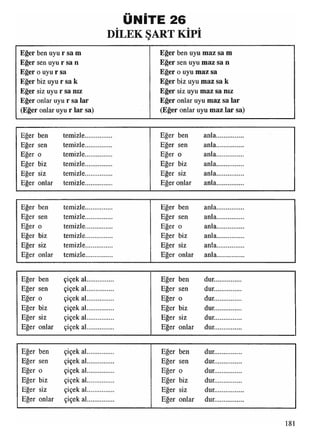 ÜNİTE 26* t f
Eğer ben uyu r sa m Eğer ben uyu maz sa m
Eğer sen uyu r sa n Eğer sen uyu maz sa n
Eğer o uyu r sa Eğer o uyu maz sa
Eğer biz uyu r sa k Eğer biz uyu maz sa k
Eğer siz uyu r sa nız Eğer siz uyu maz sa nız
Eğer onlar uyu r sa lar Eğer onlar uyu maz sa lar
(Eğer onlar uyu r lar sa) (Eğer onlar uyu maz lar sa)
Eğer ben temizle............... Eğer ben anla................
Eğer sen temizle............... Eğer sen anla................
Eğer o temizle...............
ı —»w
Eğer o anla................
Eğer biz temizle............... Eğer biz anla................
Eğer siz temizle............... Eğer siz anla................
Eğer onlar temizle............... Eğer onlar anla................
Eğer ben temizle................ Eğer ben anla................
Eğer sen temizle............... Eğer sen anla................
Eğer o temizle............... Eğer o anla................
Eğer biz temizle............... Eğer biz anla................
Eğer siz temizle............... Eğer siz anla................
Eğer onlar temizle............... Eğer onlar anla................
Eğer ben çiçek al............... Eğer ben dur................
Eğer sen çiçek al............... Eğer sen dur................
Eğer o çiçek al............... Eğer o dur................
Eğer biz çiçek al............... Eğer biz dur...............
Eğer siz çiçek al............... Eğer siz dur................
Eğer onlar çiçek al............... Eğer onlar dur................
Eğer ben çiçek al...............
Eğer sen çiçek al...............
Eğer 0 çiçek al...............
Eğer biz çiçek al...............
Eger siz çiçek al...............
Eger onlar çiçek al...............
181
 