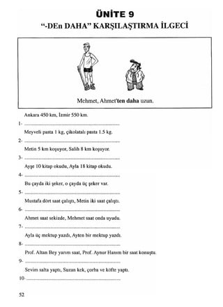 UNITE 9
“-DEn DAHA” KARŞILAŞTIRMA İLGECİ
Mehmet, Ahmet'ten daha uzun.
Ankara 450 km, İzmir 550 km.
1 - ................................................................................
Meyveli pasta 1 kg, çikolatalı pasta 1.5 kg.
2 - .................................................................................
Metin 5 km koşuyor, Salih 8 km koşuyor.
3- ............................................................................
Ayşe 10 kitap okudu, Ayla 18 kitap okudu.
4- ................................................................................
Bu çayda iki şeker, o çayda üç şeker var.
5- .................................................................................
Mustafa dört saat çalıştı, Metin iki saat çalıştı.
6- .................................................................................
Ahmet saat sekizde, Mehmet saat onda uyudu.
7- .................................................................................
Ayla üç mektup yazdı, Ayten bir mektup yazdı.
8- ...................................................................................................................................................................................................................................................................................
Prof. Altan Bey yarım saat, Prof. Aynur Hanım bir saat konuştu.
9- ...................................................................................................................................................................................................................................................................................
Sevim salta yaptı, Suzan kek, çorba ve köfte yaptı.
10- ..................................................................................................................................................
 