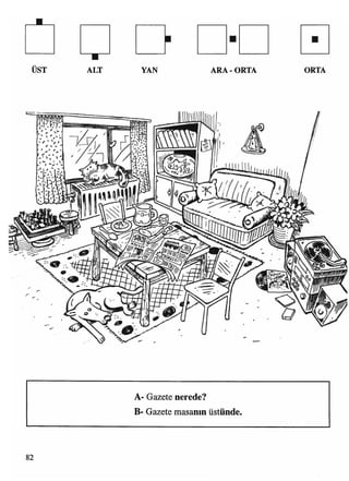 «•
UST ALT YAN ARA - ORTA ORTA
A- Gazete nerede?
B- Gazete masanın üstünde.
82
 
