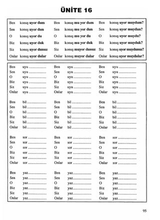 ÜNİTE 16
Ben konuş uyor dum Ben konuş mu yor dum Ben konuş uyor muydum?
Sen konuş uyor dun Sen konuş mu yor dun Sen konuş uyor muydun?
O konuş uyor du O konuş mu yor du O konuş uyor muydu?
Biz konuş uyor duk Biz konuş mu yor duk Biz konuş uyor muyduk?
Siz konuş uyor dunuz Siz konuş muyor dunuz Siz konuş uyor muydunuz?
Onlar konuş uyor dular Onlar konuş muyor dular Onlar konuş uyor muydular?
Ben uyu.............................................. ..... Ben uyu................... Ben uyu....................
Sen uyu............. uyu............. ..... Sen u y u ....................
0 uyu............. 0 uyu.............. O uyu.....................................................................
Biz uyu............. uyu.............................................. Biz uyu.....................................................................
Siz uyu.............................................. Siz uyu.............................................. .................... Siz uyu.....................................................................
Onlar uyu............. ................... Onlar uyu............. ..... Onlar uyu....................
Ben bil............... ...... Ben bil............... ..... Ben bil......................
Sen bil............... ...... Sen bil............... Sen bil......................
0 bil............... O bil............... O bil.............................................................................
Biz bil............... Biz bil...................................................... bil............................................................................
Siz bil...................................................... Siz bil...................................................... ..................... Siz bil......................
Onlar bil............... ...... Onlar bil............... ..... Onlar bil......................
Ben sor.............. sor.............. so r.....................
Sen sor.............. sor.............. so r.....................
0 sor.............. 0 so r.............. 0 so r.....................
Biz sor.............. Biz sor.................................................. Biz so r.........................................................................
Siz sor.............. Siz so r.................................................. .................... Siz so r.........................................................................
Onlar sor.................................................. .................... Onlar so r.............. ...... Onlar so r.....................
Ben yaz.............. ...... Ben yaz.............. yaz.....................
Sen yaz.............. ...... Sen yaz.............. ...... Sen yaz.....................
O yaz.............. 0 yaz.............. 0 yaz.....................
Biz yaz.............. yaz.................................................. Biz yaz.........................................................................
Siz yaz................................................. yaz.................................................. Siz yaz.....................
Onlar yaz.............. yaz.............. ..... Onlar yaz.....................
95
 