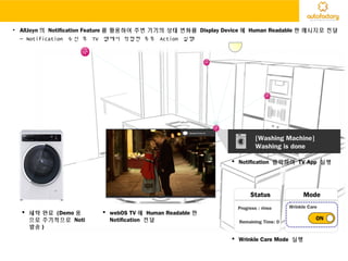 • AllJoyn 의 Notification Feature 를 활용하여 주변 기기의 상태 변화를 Display Device 에 Human Readable 한 메시지로 전달
– Notification 수신 후 TV 앱에서 적합한 추후 Action 실행
 세탁 완료 (Demo 용
으로 주기적으로 Noti
발송 )
 webOS TV 에 Human Readable 한
Notification 전달
[Washing Machine]
Washing is done
 Notification 클릭하여 TV App 실행
Progress : rinse
Status
Wrinkle Care
ON
Mode
Remaining Time: 0
 Wrinkle Care Mode 실행
 