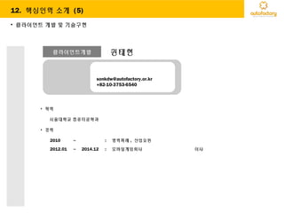 클라이언트개발 권태현
sonkdw@autofactory.or.kr
+82-10-3753-6540
• 클라이언트 개발 및 기술구현
12. 핵심인력 소개 (5)
• 학력
서울대학교 컴퓨터공학과
• 경력
2010 ~ : 병력특례 , 산업요원
2012.01 ~ 2014.12 : 모바일게임회사 이사
 