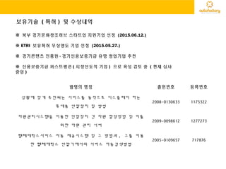 발명의 명칭 출원번호 등록번호
상황에 맞게 추천되는 서비스를 동적으로 디스플레이 하는
휴대용 단말장치 및 방법
2008-0130633 1175322
자원관리시스템을 이용한 단말장치 간 자원 할당방법 및 이를
위한 자원 관리 서버
2009-0098612 1277273
텔레매틱스서비스 자동 제공시스템 및 그 방법과 , 그를 이용
한 텔레매틱스 단말기에서의 서비스 자동검색방법
2005-0109657 717876
보유기술 ( 특허 ) 및 수상내역
※ 북부 경기문화창조허브 스타트업 지원기업 선정 (2015.06.12.)
※ ETRI 보유특허 무상양도 기업 선정 (2015.05.27.)
※ 경기콘텐츠 진흥원 - 경기신용보증기금 유망 창업기업 추천
※ 신용보증기금 퍼스트펭귄 ( 시장선도적 기업 ) 으로 육성 검토 중 ( 현재 심사
중임 )
 