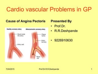 Cardio vascular Problems in GP
Cause of Angina Pectoris Presented By
• Prof.Dr.
• R.R.Deshpande
• 9226910630
7/24/2015 Prof.Dr.R.R.Deshpande 1
 
