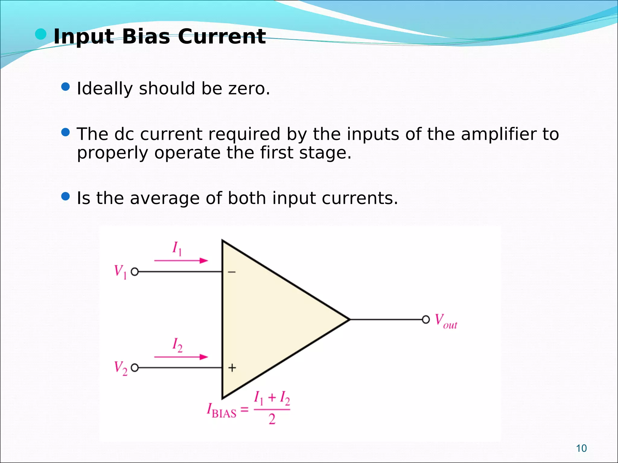 Input Bias Current
Ideally should be zero.
The dc current required by the inputs of the amplifier to
properly operate the first stage.
Is the average of both input currents.
10
 