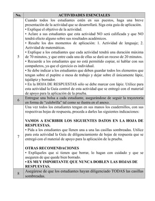 No. ACTIVIDADES ESENCIALES
5
Cuando todos los estudiantes estén en sus puestos, haga una breve
presentación de la actividad que se desarrollará. Siga esta guía de aplicación.
• Explique el objetivo de la actividad.
• Aclare a sus estudiantes que esta actividad NO será calificada y que NO
tendrá efecto alguno sobre sus resultados académicos.
• Resalte los dos momentos de aplicación: 1. Actividad de lenguaje; 2.
Actividad de matemáticas.
• Explique a los estudiantes que cada actividad tendrá una duración máxima
de 70 minutos, y que entre cada una de ellas se dará un receso de 20 minutos.
• Recuerde a los estudiantes que no está permitido copiar, ni hablar con sus
compañeros, ya que el ejercicio es individual.
• Se debe indicar a los estudiantes que deben guardar todos los elementos que
tengan sobre el pupitre o mesa de trabajo y dejar sobre él únicamente lápiz,
tajalápiz y borrador.
• En la HOJA DE RESPUESTAS sólo se debe marcar con lápiz. Utilice para
esta actividad la Guía control de esta actividad que se entregó con el material
de apoyo para la aplicación de la prueba.
Cuando todos los estudiantes estén en sus puestos, haga una breve
presentación de la actividad que se desarrollará. Siga esta guía de aplicación.
• Explique el objetivo de la actividad.
• Aclare a sus estudiantes que esta actividad NO será calificada y que NO
tendrá efecto alguno sobre sus resultados académicos.
• Resalte los dos momentos de aplicación: 1. Actividad de lenguaje; 2.
Actividad de matemáticas.
• Explique a los estudiantes que cada actividad tendrá una duración máxima
de 70 minutos, y que entre cada una de ellas se dará un receso de 20 minutos.
• Recuerde a los estudiantes que no está permitido copiar, ni hablar con sus
compañeros, ya que el ejercicio es individual.
• Se debe indicar a los estudiantes que deben guardar todos los elementos que
tengan sobre el pupitre o mesa de trabajo y dejar sobre él únicamente lápiz,
tajalápiz y borrador.
• En la HOJA DE RESPUESTAS sólo se debe marcar con lápiz. Utilice para
esta actividad la Guía control de esta actividad que se entregó con el material
de apoyo para la aplicación de la prueba.
6
Entregue una bolsa a cada estudiante, asegurándose de seguir la trayectoria
en forma de “culebrilla” tal como se ilustra en el anexo.
7
Una vez todos los estudiantes tengan en sus manos los cuadernillos, con sus
respectivas hojas de respuesta, proceda a darles las siguientes indicaciones:
VAMOS A ESCRIBIR LOS SIGUIENTES DATOS EN LA HOJA DE
RESPUESTAS.
• Pida a los estudiantes que llenen una a una las casillas sombreadas. Utilice
para esta actividad la Guía de diligenciamiento de hojas de respuesta que se
entregó con el material de apoyo para la aplicación de la prueba.
OTRAS RECOMENDACIONES
• Explíqueles que si tienen que borrar, lo hagan con cuidado y que se
aseguren de que quede bien borrado.
• ES MUY IMPORTANTE QUE NUNCA DOBLEN LAS HOJAS DE
RESPUESTAS.
7
Una vez todos los estudiantes tengan en sus manos los cuadernillos, con sus
respectivas hojas de respuesta, proceda a darles las siguientes indicaciones:
VAMOS A ESCRIBIR LOS SIGUIENTES DATOS EN LA HOJA DE
RESPUESTAS.
• Pida a los estudiantes que llenen una a una las casillas sombreadas. Utilice
para esta actividad la Guía de diligenciamiento de hojas de respuesta que se
entregó con el material de apoyo para la aplicación de la prueba.
OTRAS RECOMENDACIONES
• Explíqueles que si tienen que borrar, lo hagan con cuidado y que se
aseguren de que quede bien borrado.
• ES MUY IMPORTANTE QUE NUNCA DOBLEN LAS HOJAS DE
RESPUESTAS.
8
Asegúrese de que los estudiantes hayan diligenciado TODAS las casillas
sombreadas.
ACTIVIDADES ESENCIALES
Cuando todos los estudiantes estén en sus puestos, haga una breve
presentación de la actividad que se desarrollará. Siga esta guía de aplicación.
• Explique el objetivo de la actividad.
• Aclare a sus estudiantes que esta actividad NO será calificada y que NO
tendrá efecto alguno sobre sus resultados académicos.
• Resalte los dos momentos de aplicación: 1. Actividad de lenguaje; 2.
Actividad de matemáticas.
• Explique a los estudiantes que cada actividad tendrá una duración máxima
de 70 minutos, y que entre cada una de ellas se dará un receso de 20 minutos.
• Recuerde a los estudiantes que no está permitido copiar, ni hablar con sus
compañeros, ya que el ejercicio es individual.
• Se debe indicar a los estudiantes que deben guardar todos los elementos que
tengan sobre el pupitre o mesa de trabajo y dejar sobre él únicamente lápiz,
tajalápiz y borrador.
• En la HOJA DE RESPUESTAS sólo se debe marcar con lápiz. Utilice para
esta actividad la Guía control de esta actividad que se entregó con el material
de apoyo para la aplicación de la prueba.
Cuando todos los estudiantes estén en sus puestos, haga una breve
presentación de la actividad que se desarrollará. Siga esta guía de aplicación.
• Explique el objetivo de la actividad.
• Aclare a sus estudiantes que esta actividad NO será calificada y que NO
tendrá efecto alguno sobre sus resultados académicos.
• Resalte los dos momentos de aplicación: 1. Actividad de lenguaje; 2.
Actividad de matemáticas.
• Explique a los estudiantes que cada actividad tendrá una duración máxima
de 70 minutos, y que entre cada una de ellas se dará un receso de 20 minutos.
• Recuerde a los estudiantes que no está permitido copiar, ni hablar con sus
compañeros, ya que el ejercicio es individual.
• Se debe indicar a los estudiantes que deben guardar todos los elementos que
tengan sobre el pupitre o mesa de trabajo y dejar sobre él únicamente lápiz,
tajalápiz y borrador.
• En la HOJA DE RESPUESTAS sólo se debe marcar con lápiz. Utilice para
esta actividad la Guía control de esta actividad que se entregó con el material
de apoyo para la aplicación de la prueba.
Entregue una bolsa a cada estudiante, asegurándose de seguir la trayectoria
en forma de “culebrilla” tal como se ilustra en el anexo.
Una vez todos los estudiantes tengan en sus manos los cuadernillos, con sus
respectivas hojas de respuesta, proceda a darles las siguientes indicaciones:
VAMOS A ESCRIBIR LOS SIGUIENTES DATOS EN LA HOJA DE
RESPUESTAS.
• Pida a los estudiantes que llenen una a una las casillas sombreadas. Utilice
para esta actividad la Guía de diligenciamiento de hojas de respuesta que se
entregó con el material de apoyo para la aplicación de la prueba.
OTRAS RECOMENDACIONES
• Explíqueles que si tienen que borrar, lo hagan con cuidado y que se
aseguren de que quede bien borrado.
• ES MUY IMPORTANTE QUE NUNCA DOBLEN LAS HOJAS DE
RESPUESTAS.
Una vez todos los estudiantes tengan en sus manos los cuadernillos, con sus
respectivas hojas de respuesta, proceda a darles las siguientes indicaciones:
VAMOS A ESCRIBIR LOS SIGUIENTES DATOS EN LA HOJA DE
RESPUESTAS.
• Pida a los estudiantes que llenen una a una las casillas sombreadas. Utilice
para esta actividad la Guía de diligenciamiento de hojas de respuesta que se
entregó con el material de apoyo para la aplicación de la prueba.
OTRAS RECOMENDACIONES
• Explíqueles que si tienen que borrar, lo hagan con cuidado y que se
aseguren de que quede bien borrado.
• ES MUY IMPORTANTE QUE NUNCA DOBLEN LAS HOJAS DE
RESPUESTAS.
Asegúrese de que los estudiantes hayan diligenciado TODAS las casillas
sombreadas.
 