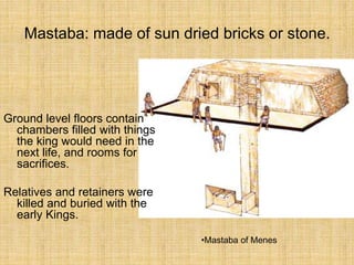Ground level floors contain
chambers filled with things
the king would need in the
next life, and rooms for
sacrifices.
Relatives and retainers were
killed and buried with the
early Kings.
•Mastaba of Menes
Mastaba: made of sun dried bricks or stone.
 